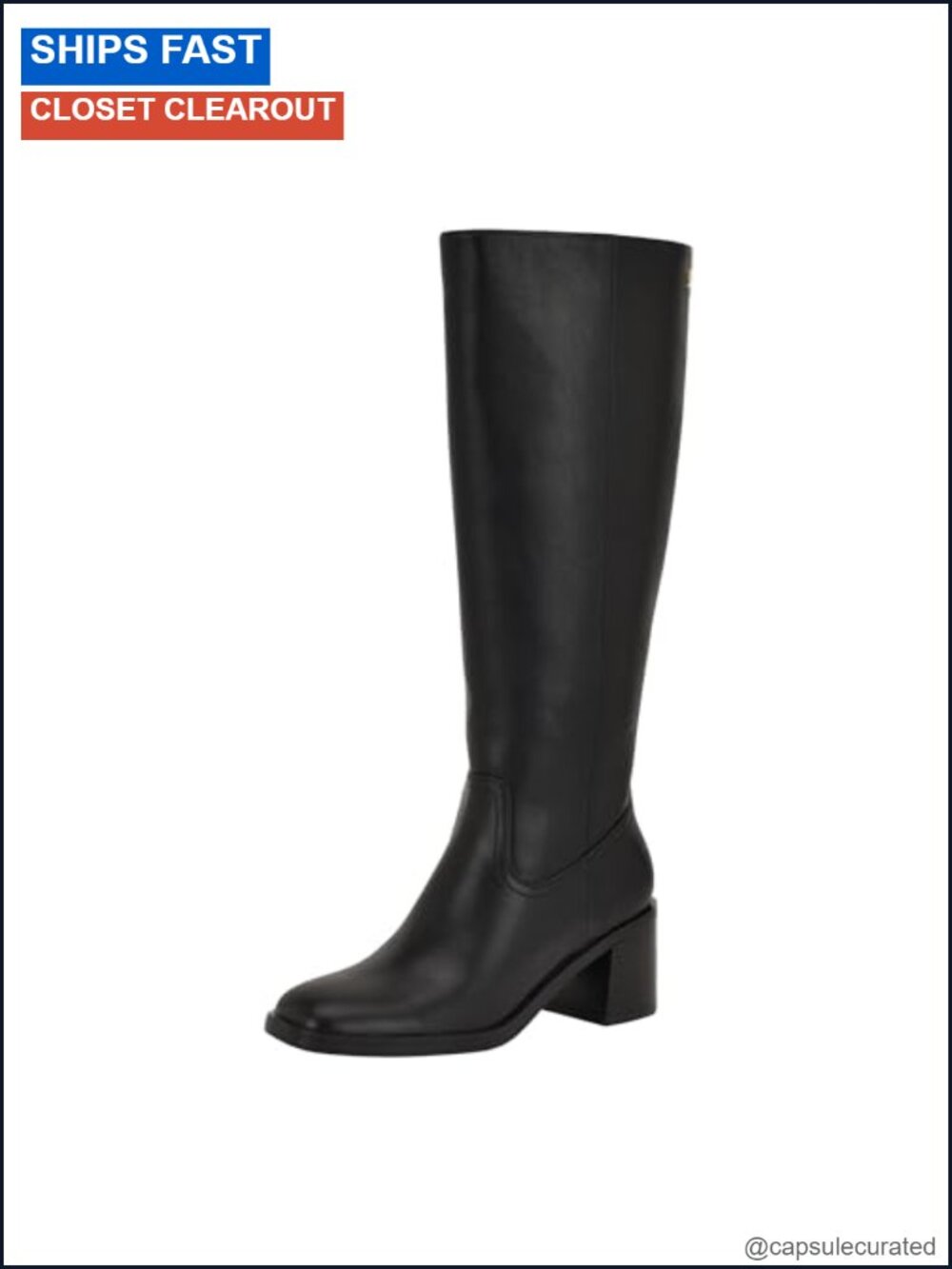 Faux Leather Square Toe Knee High Block Heel Boots with Zipper
